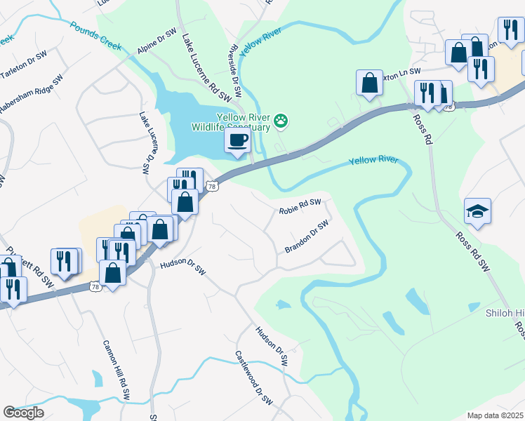 map of restaurants, bars, coffee shops, grocery stores, and more near 2167 Jonquil Drive Southwest in Lilburn