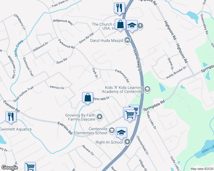 map of restaurants, bars, coffee shops, grocery stores, and more near 2860 Park Chase Drive in Snellville