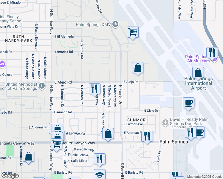 map of restaurants, bars, coffee shops, grocery stores, and more near 460 North Orchid Tree Lane in Palm Springs