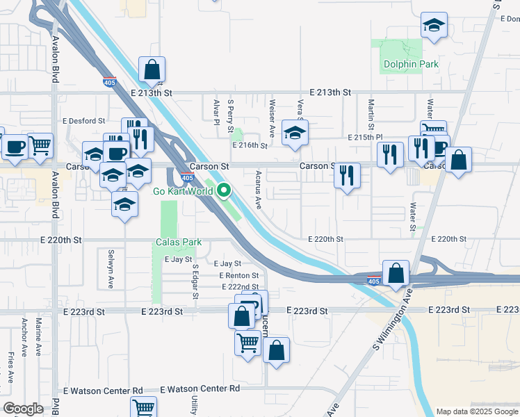 map of restaurants, bars, coffee shops, grocery stores, and more near 21992 Acarus Avenue in Carson