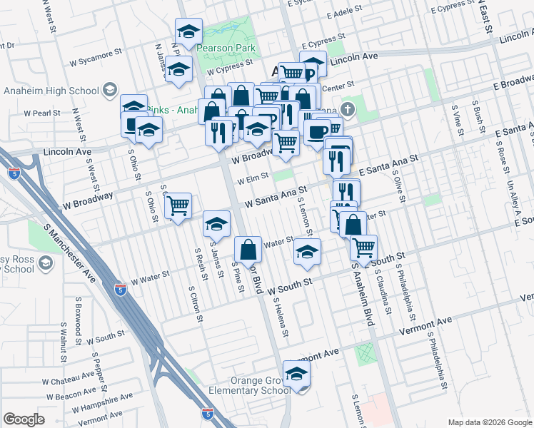 map of restaurants, bars, coffee shops, grocery stores, and more near 518 South Helena Street in Anaheim