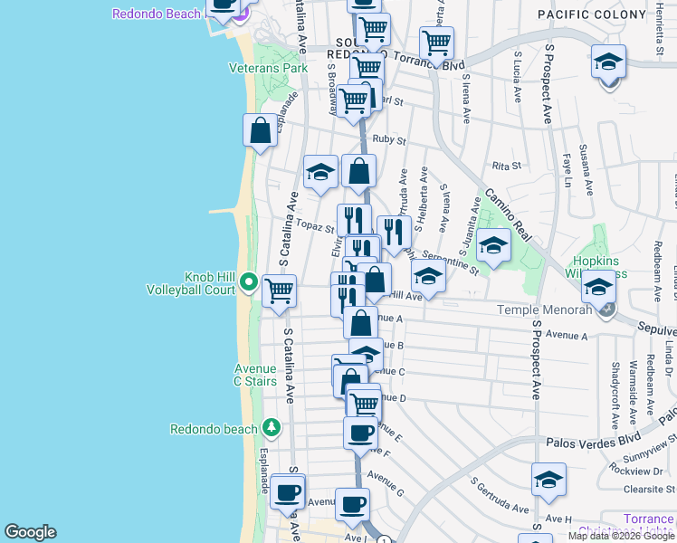 map of restaurants, bars, coffee shops, grocery stores, and more near 720 South Elvira Avenue in Redondo Beach