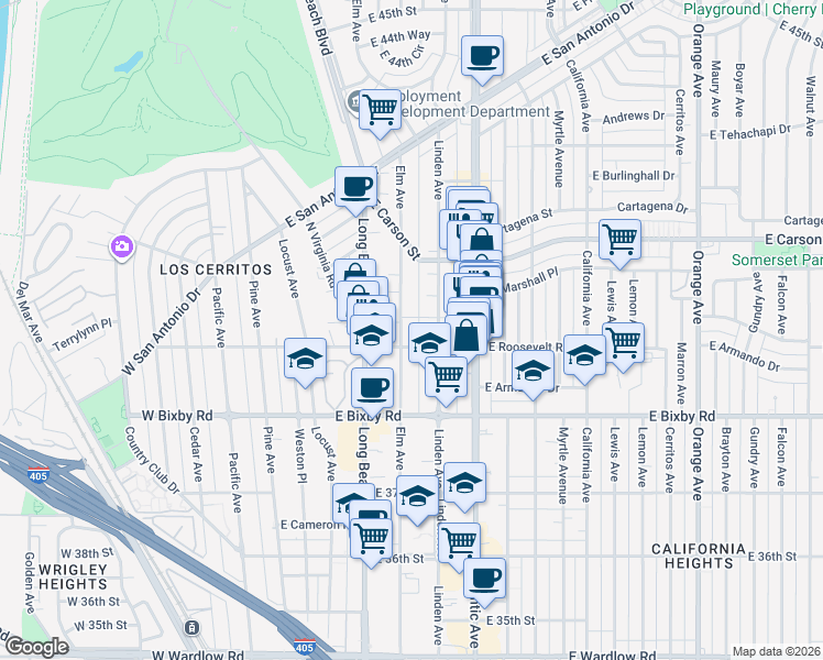 map of restaurants, bars, coffee shops, grocery stores, and more near 3910 Elm Avenue in Long Beach