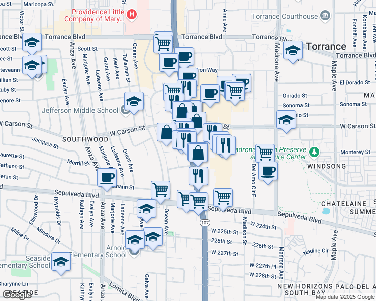 map of restaurants, bars, coffee shops, grocery stores, and more near 21825 Hawthorne Blvd in Torrance