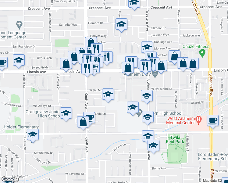 map of restaurants, bars, coffee shops, grocery stores, and more near 3332 West Del Monte Drive in Anaheim