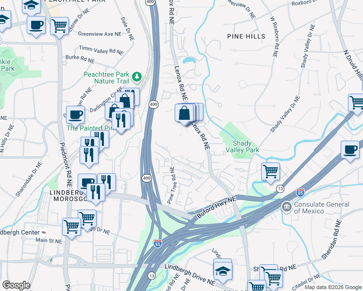 map of restaurants, bars, coffee shops, grocery stores, and more near 2108 Pine Heights Drive Northeast in Atlanta