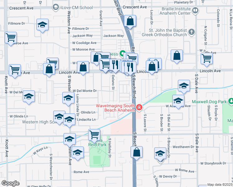 map of restaurants, bars, coffee shops, grocery stores, and more near 206 Delano Street in Anaheim