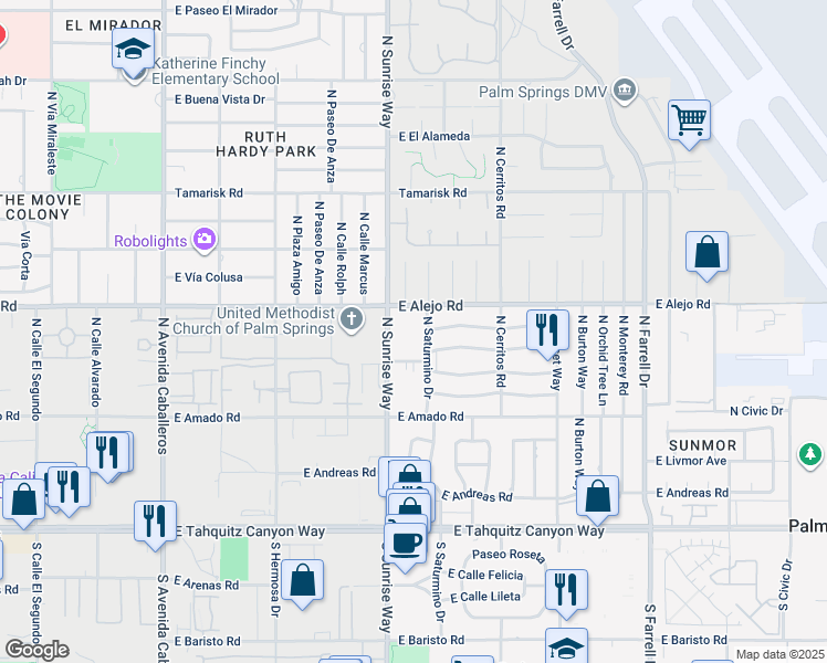 map of restaurants, bars, coffee shops, grocery stores, and more near 400 North Sunrise Way in Palm Springs