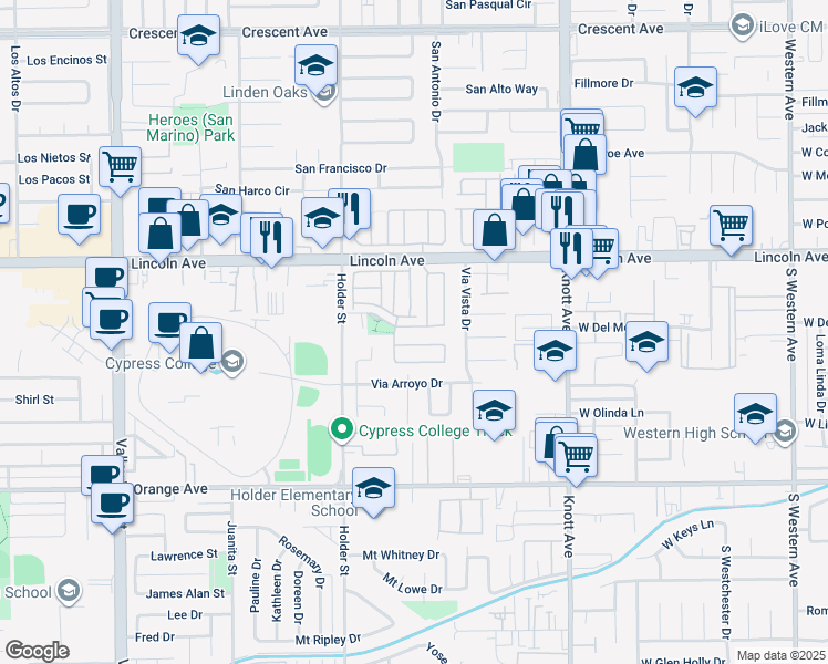map of restaurants, bars, coffee shops, grocery stores, and more near 6528 University Way in Buena Park