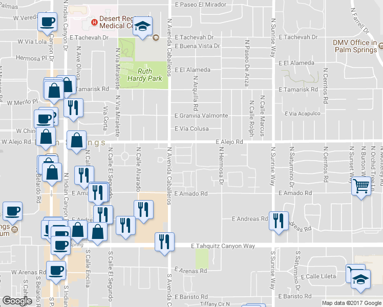 map of restaurants, bars, coffee shops, grocery stores, and more near 484 Chelsea Drive in Palm Springs