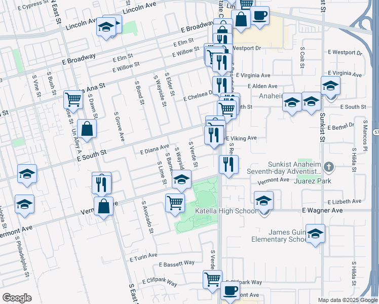 map of restaurants, bars, coffee shops, grocery stores, and more near 845 South Verde Street in Anaheim