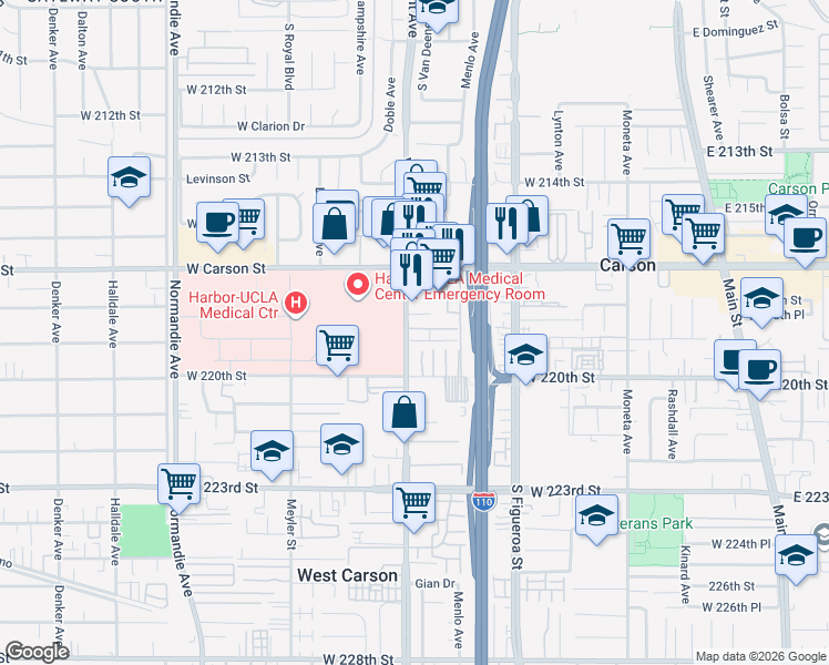 map of restaurants, bars, coffee shops, grocery stores, and more near 21852 South Vermont Avenue in Torrance