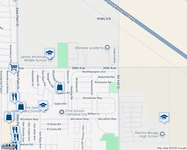 map of restaurants, bars, coffee shops, grocery stores, and more near 30152 Kenwood Drive in Cathedral City