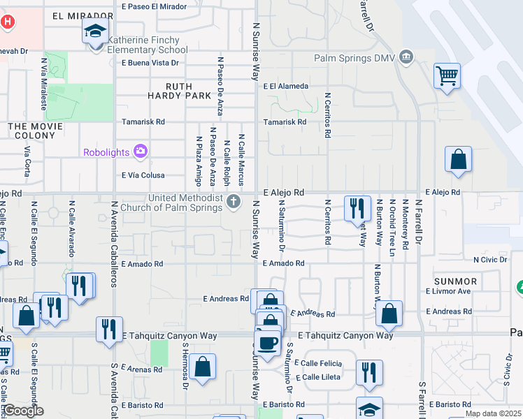 map of restaurants, bars, coffee shops, grocery stores, and more near 400 North Sunrise Way in Palm Springs