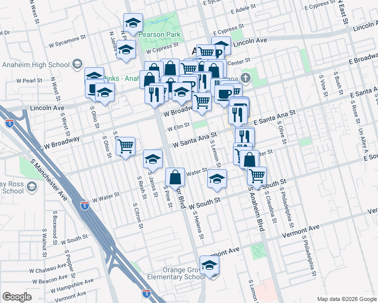 map of restaurants, bars, coffee shops, grocery stores, and more near 518 South Helena Street in Anaheim