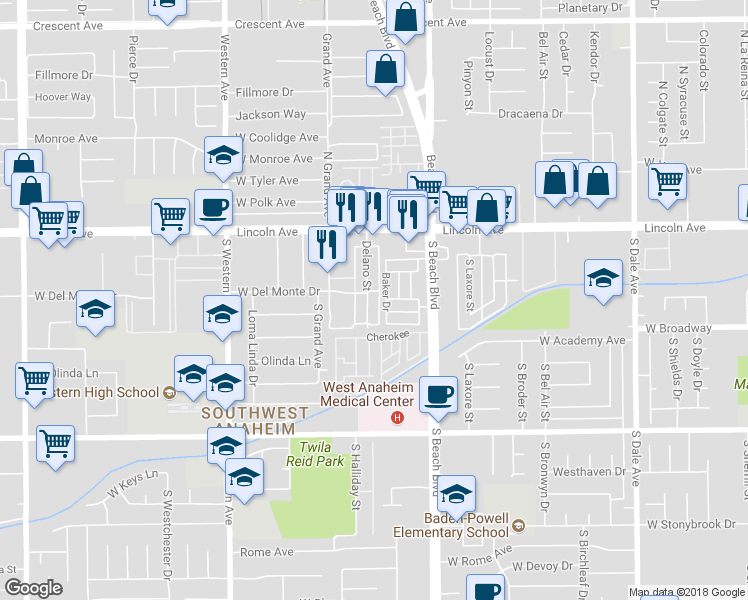 map of restaurants, bars, coffee shops, grocery stores, and more near 206 Delano Street in Anaheim