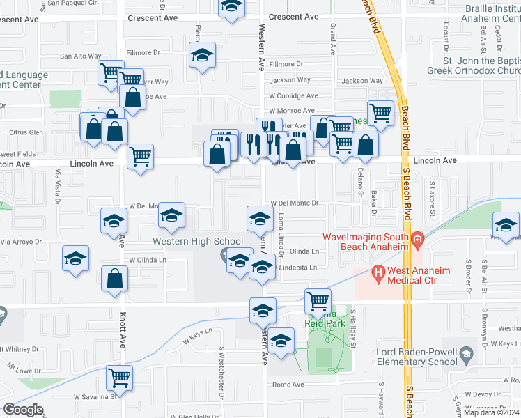 map of restaurants, bars, coffee shops, grocery stores, and more near 206 South Western Avenue in Anaheim