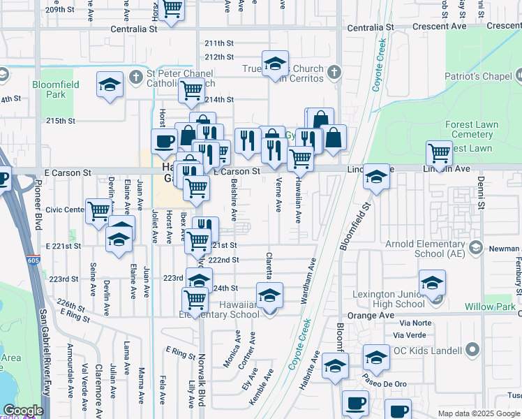 map of restaurants, bars, coffee shops, grocery stores, and more near 21909 Claretta Avenue in Hawaiian Gardens