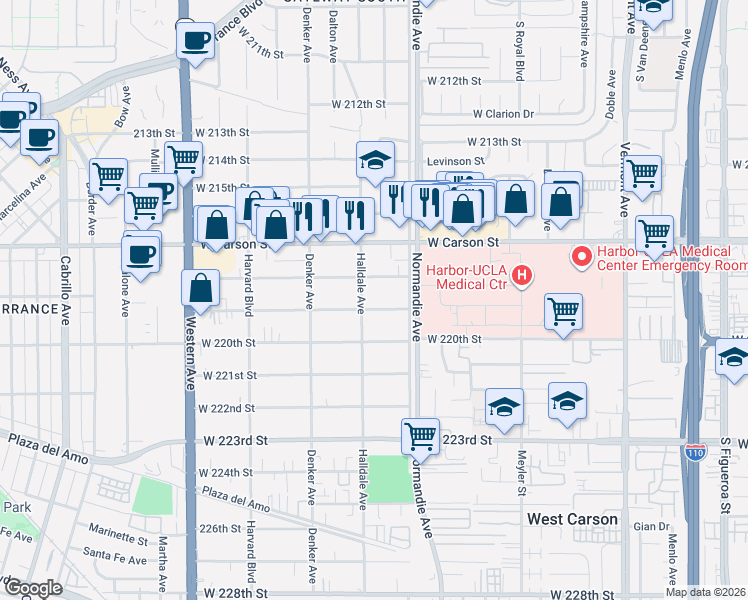 map of restaurants, bars, coffee shops, grocery stores, and more near 1323 West 219th Street in Torrance