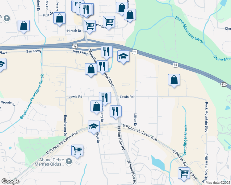 map of restaurants, bars, coffee shops, grocery stores, and more near 1616 Mountain Industrial Boulevard in Stone Mountain