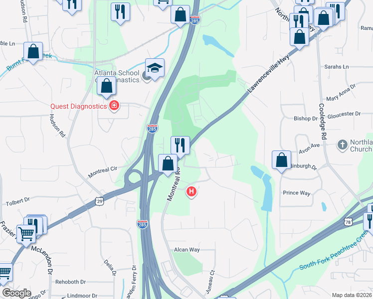 map of restaurants, bars, coffee shops, grocery stores, and more near 2997-2999 Lawrenceville Highway in Tucker