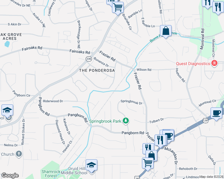 map of restaurants, bars, coffee shops, grocery stores, and more near 2911 Ponderosa Circle in Decatur