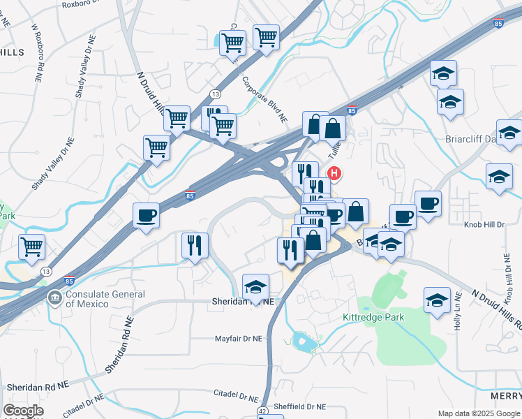 map of restaurants, bars, coffee shops, grocery stores, and more near 1222-1268 Executive Park Drive Northeast in Atlanta