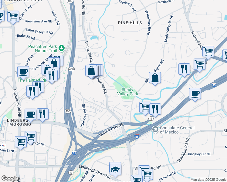 map of restaurants, bars, coffee shops, grocery stores, and more near 906 Lenox Hill Court Northeast in Atlanta