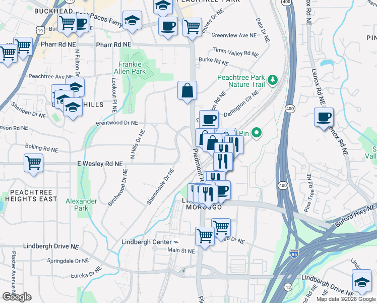 map of restaurants, bars, coffee shops, grocery stores, and more near 553 East Wesley Road Northeast in Atlanta