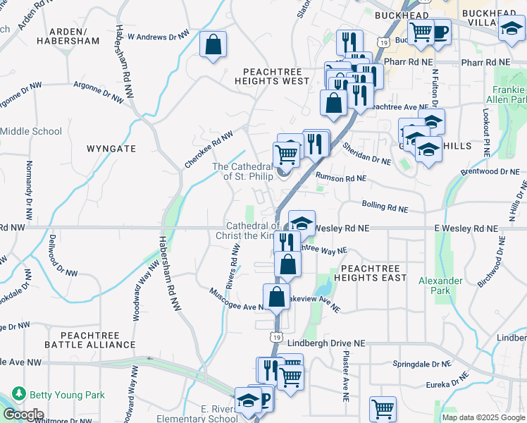 map of restaurants, bars, coffee shops, grocery stores, and more near 2734 Peachtree Road Northwest in Atlanta