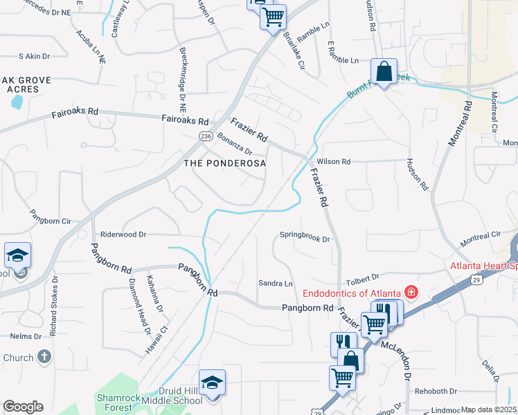 map of restaurants, bars, coffee shops, grocery stores, and more near 2911 Ponderosa Circle in Decatur