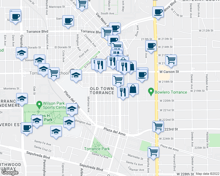 map of restaurants, bars, coffee shops, grocery stores, and more near 1803 Andreo Avenue in Torrance