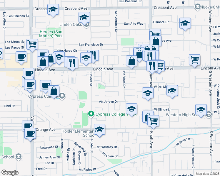 map of restaurants, bars, coffee shops, grocery stores, and more near 6528 University Way in Buena Park
