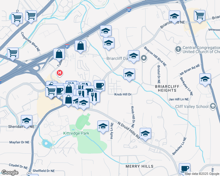 map of restaurants, bars, coffee shops, grocery stores, and more near 2602 Greythorne Trail Northeast in Atlanta