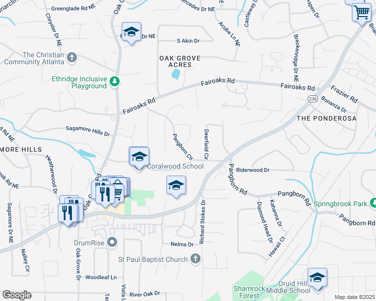map of restaurants, bars, coffee shops, grocery stores, and more near 2480 Pangborn Circle in Decatur