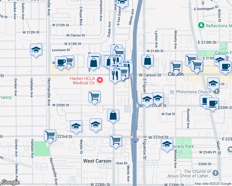 map of restaurants, bars, coffee shops, grocery stores, and more near 21852 South Vermont Avenue in Torrance