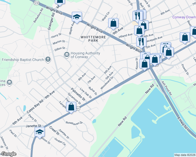map of restaurants, bars, coffee shops, grocery stores, and more near 2100 6th Avenue in Conway