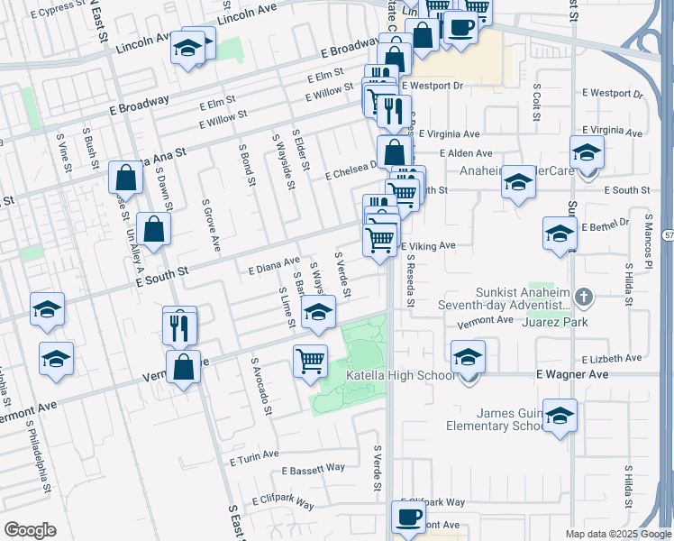 map of restaurants, bars, coffee shops, grocery stores, and more near 845 South Verde Street in Anaheim