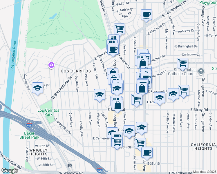 map of restaurants, bars, coffee shops, grocery stores, and more near 3920 Locust Avenue in Long Beach
