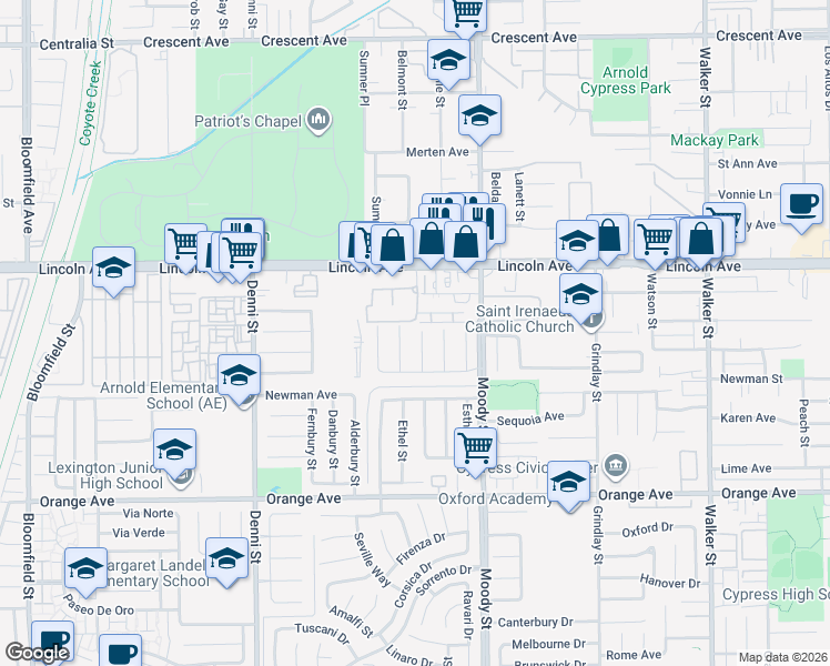 map of restaurants, bars, coffee shops, grocery stores, and more near 9145 Gregory Street in Cypress