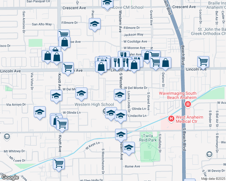 map of restaurants, bars, coffee shops, grocery stores, and more near 205 South Western Avenue in Anaheim