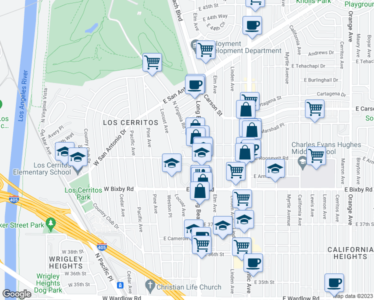 map of restaurants, bars, coffee shops, grocery stores, and more near 3920 Locust Avenue in Long Beach