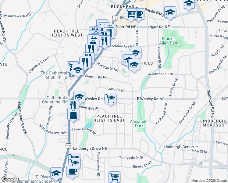 map of restaurants, bars, coffee shops, grocery stores, and more near 193 Bolling Road Northeast in Atlanta