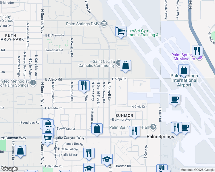 map of restaurants, bars, coffee shops, grocery stores, and more near 465 North Farrell Drive in Palm Springs