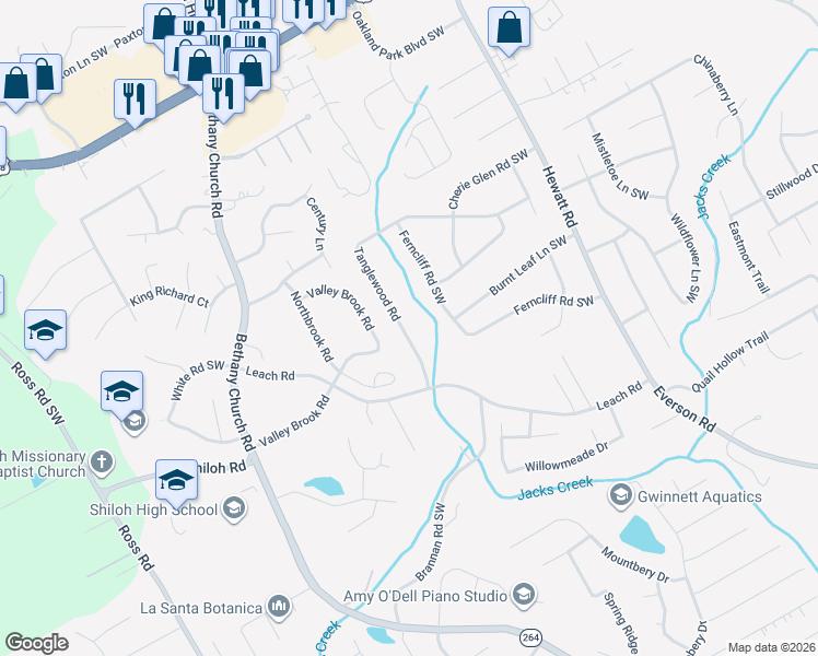 map of restaurants, bars, coffee shops, grocery stores, and more near 4078 Tanglewood Road in Snellville