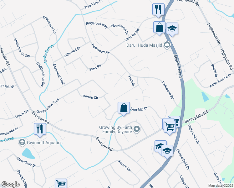 map of restaurants, bars, coffee shops, grocery stores, and more near 3465 Parkwood Road in Snellville