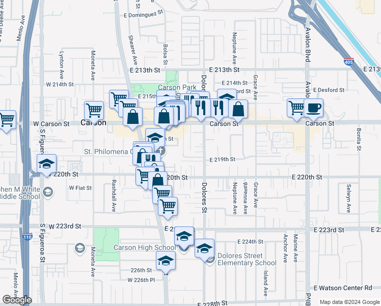 map of restaurants, bars, coffee shops, grocery stores, and more near 21825 Dolores Street in Carson