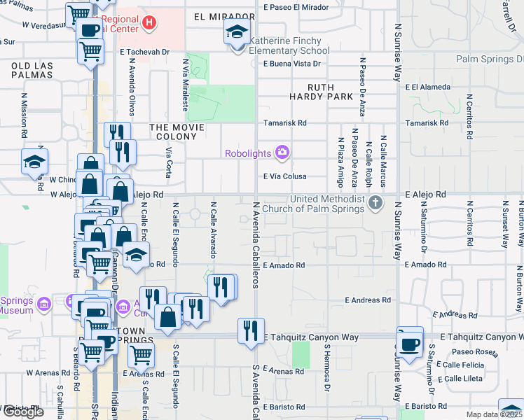 map of restaurants, bars, coffee shops, grocery stores, and more near 459 Dion Drive in Palm Springs