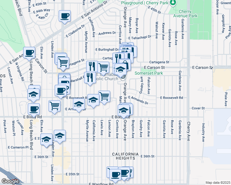 map of restaurants, bars, coffee shops, grocery stores, and more near 3912 Cerritos Avenue in Long Beach