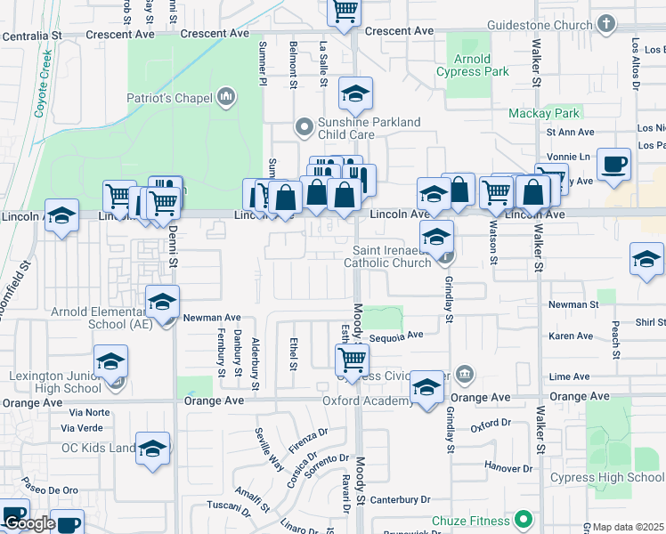 map of restaurants, bars, coffee shops, grocery stores, and more near 9148 Christopher Street in Cypress